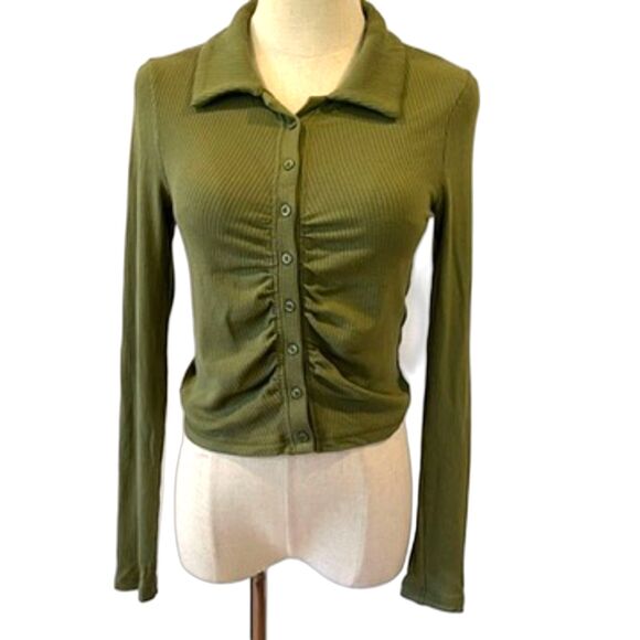 Abercrombie & Fitch Green Ribbed Button Front Top Long Sleeves Small Collared - Picture 2 of 7
